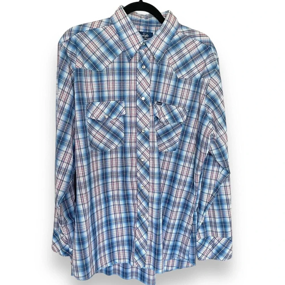 Vintage 90s Wrangler Blue White Red Plaid Western Pearl Snap Shirt Size Large - Picture 1 of 4